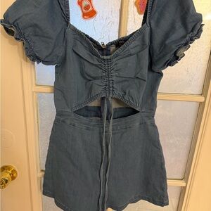 Blue Denim-Look Puff Sleeve Cutout romper